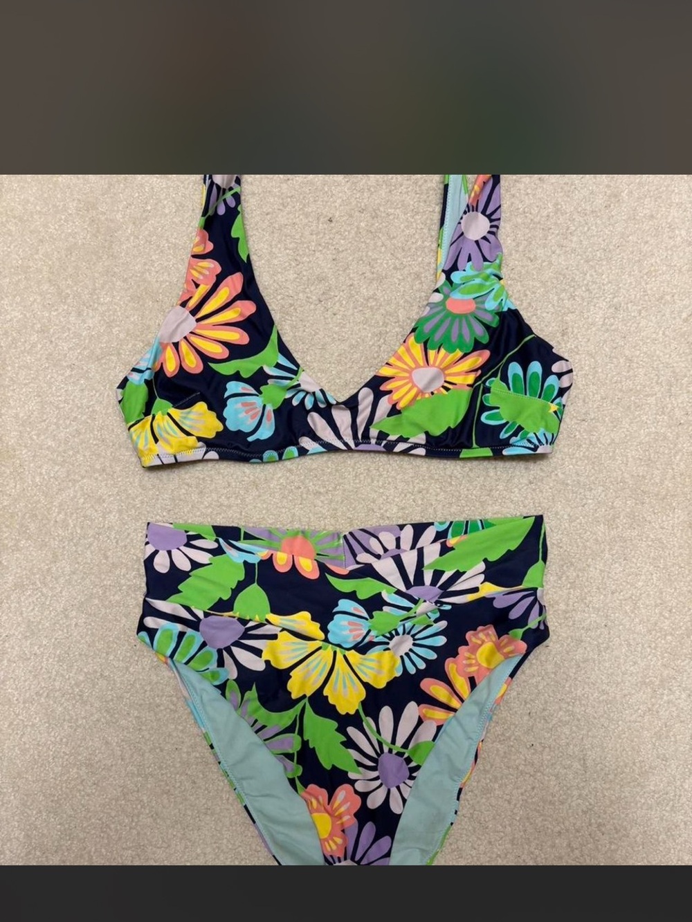 aerie Floral Two-Piece Bikini in Navy, Green, Yellow, Purple